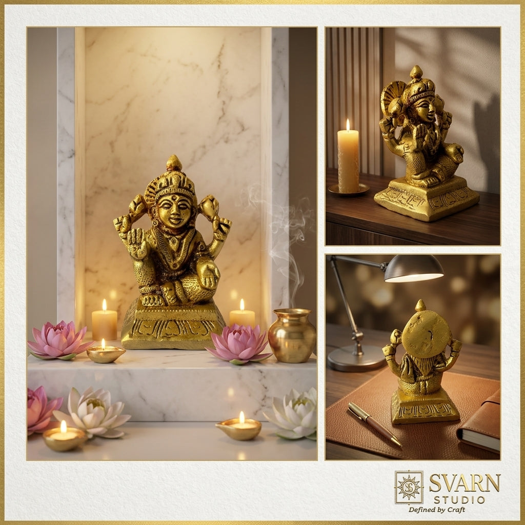Svarn Studio Brass Goddess Lakshmi Idol Seated on Engraved Pedestal | Four-Armed Lakshmi Murti with Lotus, Abhaya & Varada Mudra | Handcrafted Puja Statue | 7 cm Height | Home Temple & Gift Decor