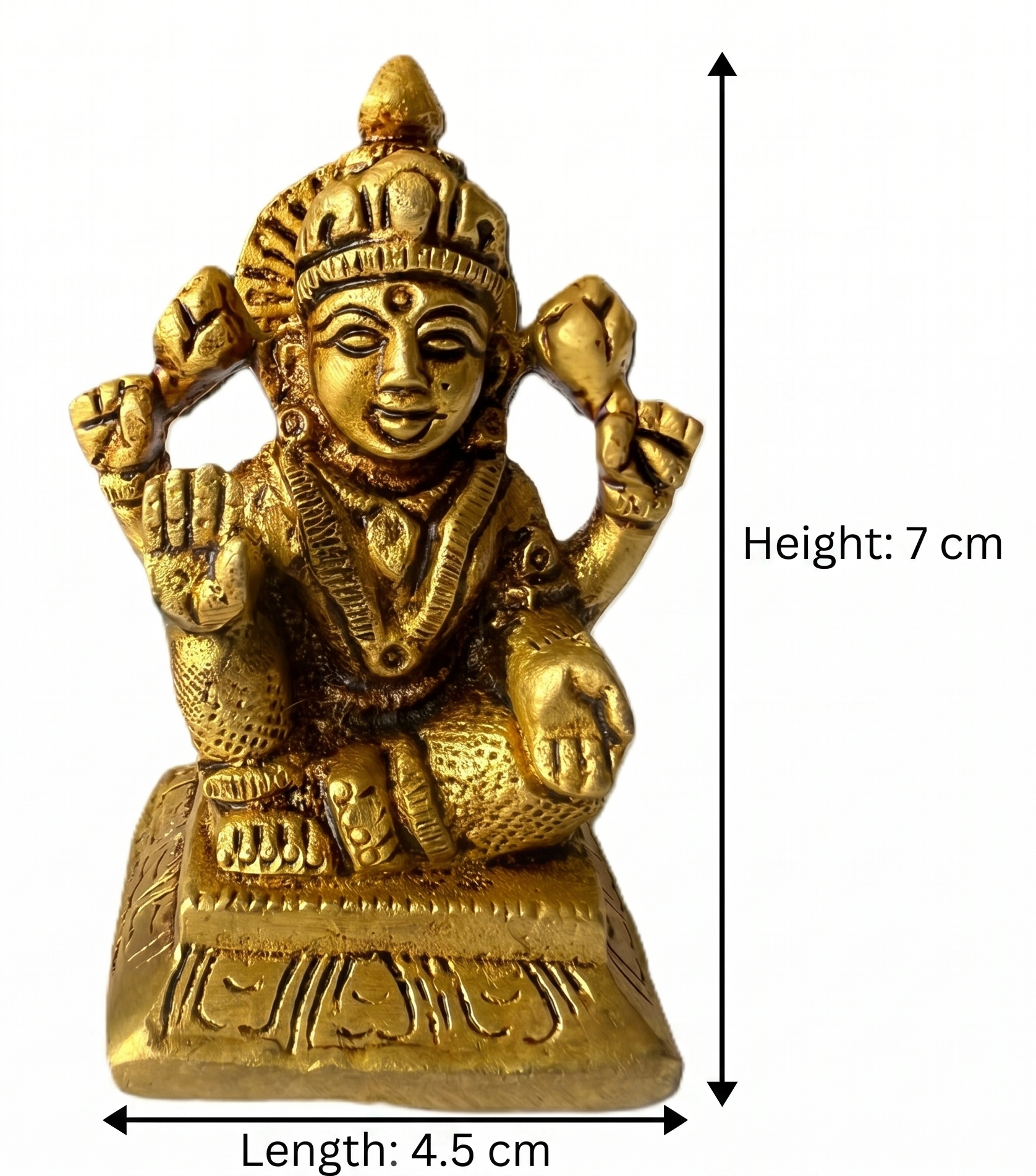Svarn Studio Brass Goddess Lakshmi Idol Seated on Engraved Pedestal | Four-Armed Lakshmi Murti with Lotus, Abhaya & Varada Mudra | Handcrafted Puja Statue | 7 cm Height | Home Temple & Gift Decor