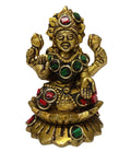 Svarn Studio Pure Brass Goddess Lakshmi Idol with Multicolor Stone Embellishments | Antique Gold Finish | Hindu Puja Mandir Décor | Diwali Gift | 4-Armed Laxmi Murti on Lotus Base