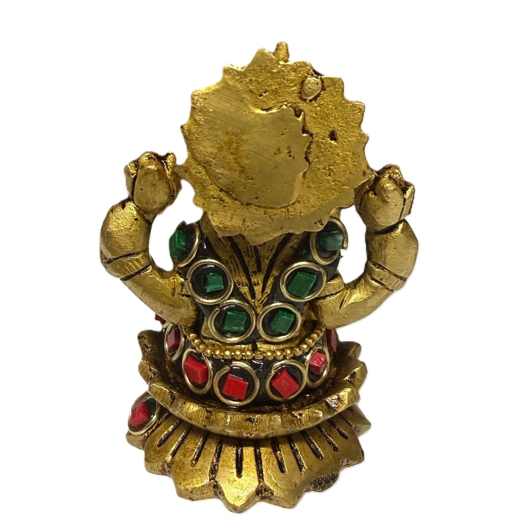 Svarn Studio Pure Brass Goddess Lakshmi Idol with Multicolor Stone Embellishments | Antique Gold Finish | Hindu Puja Mandir Décor | Diwali Gift | 4-Armed Laxmi Murti on Lotus Base