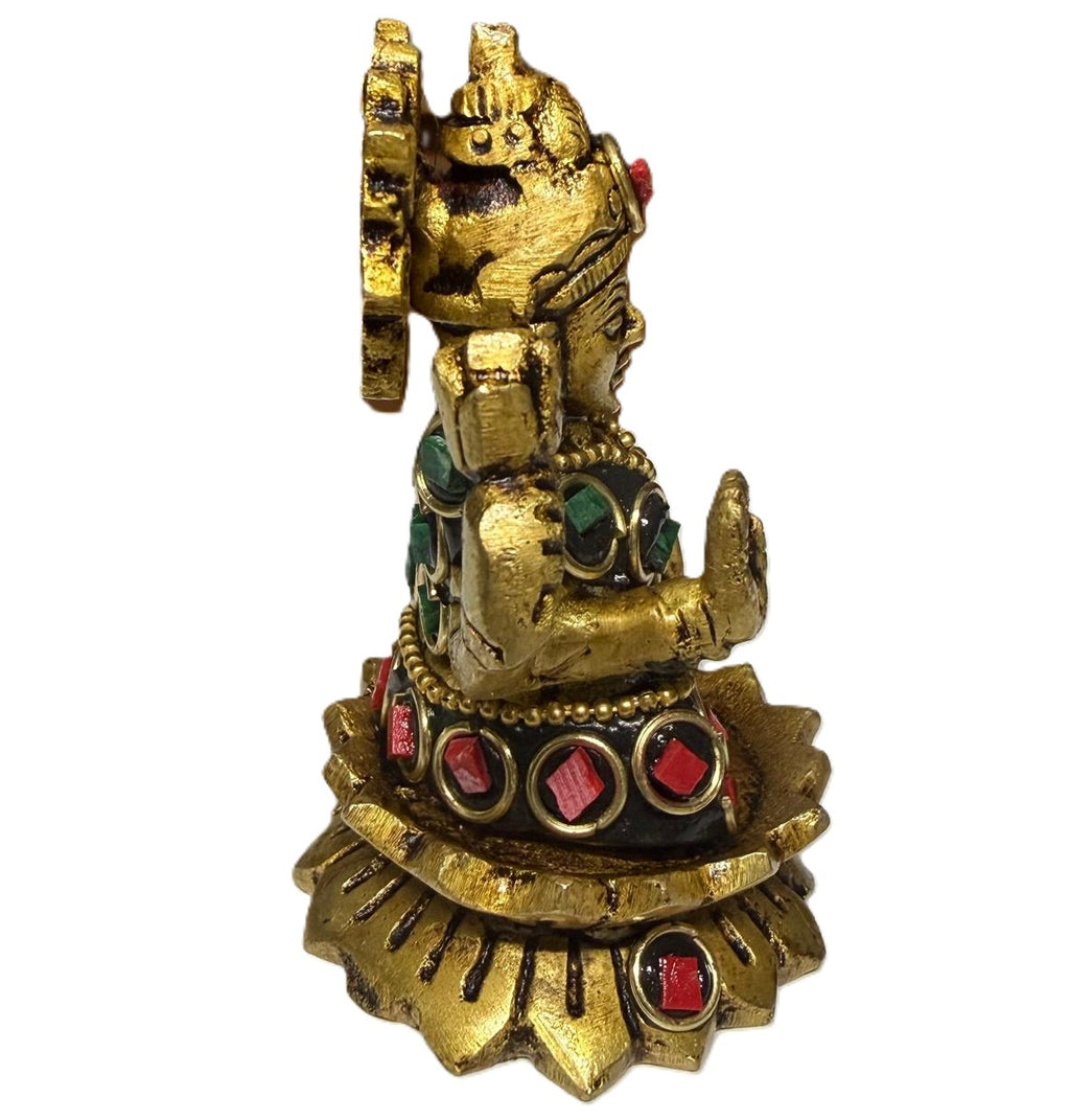 Svarn Studio Pure Brass Goddess Lakshmi Idol with Multicolor Stone Embellishments | Antique Gold Finish | Hindu Puja Mandir Décor | Diwali Gift | 4-Armed Laxmi Murti on Lotus Base