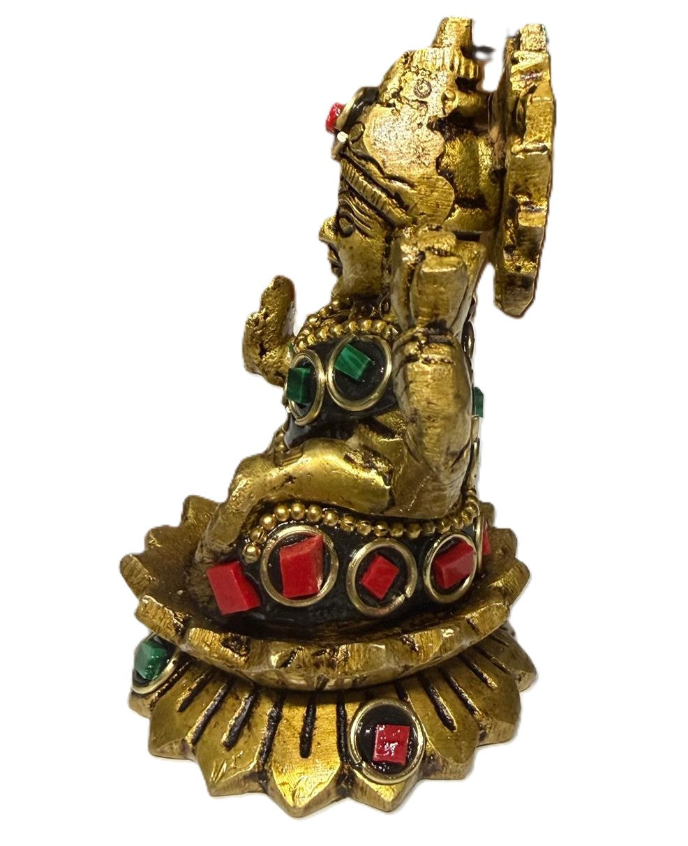 Svarn Studio Pure Brass Goddess Lakshmi Idol with Multicolor Stone Embellishments | Antique Gold Finish | Hindu Puja Mandir Décor | Diwali Gift | 4-Armed Laxmi Murti on Lotus Base