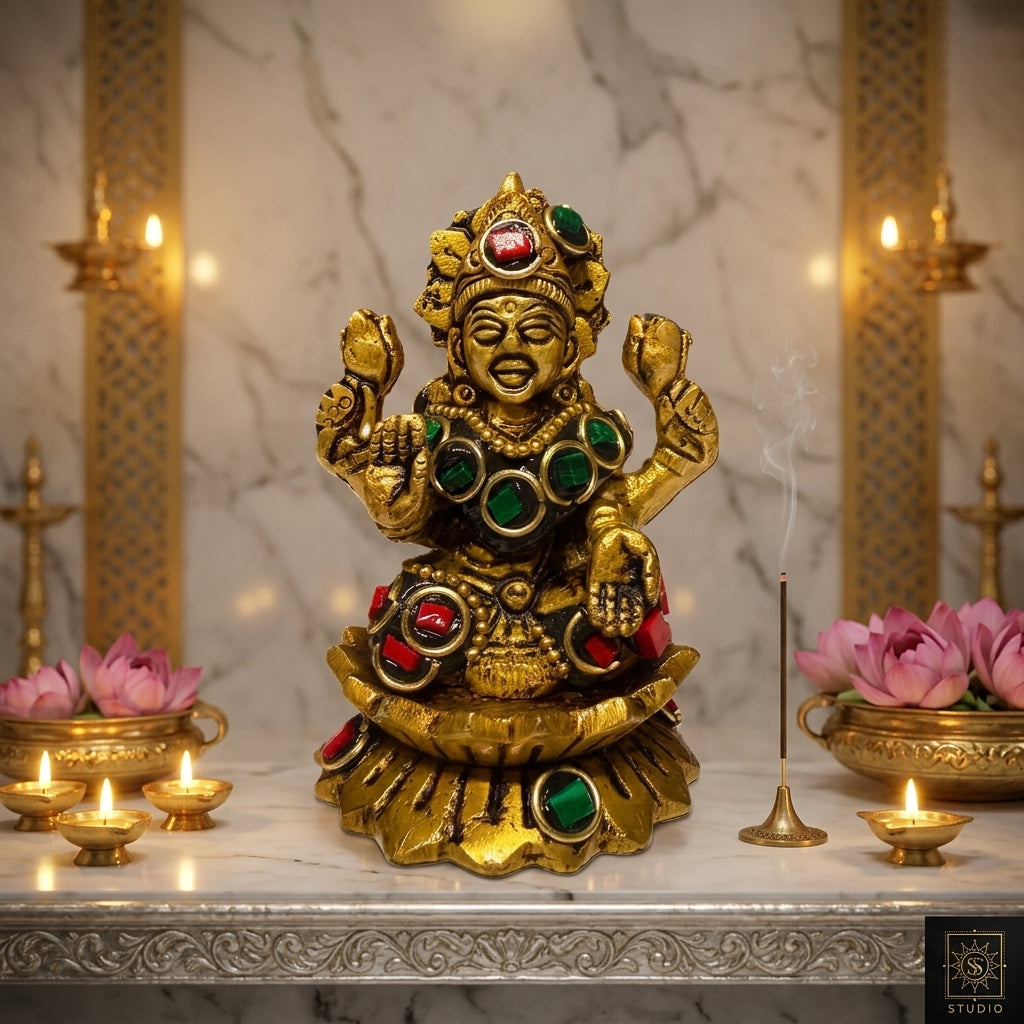 Svarn Studio Pure Brass Goddess Lakshmi Idol with Multicolor Stone Embellishments | Antique Gold Finish | Hindu Puja Mandir Décor | Diwali Gift | 4-Armed Laxmi Murti on Lotus Base
