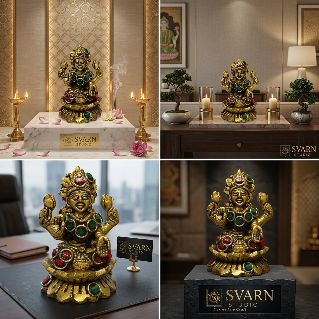Svarn Studio Pure Brass Goddess Lakshmi Idol with Multicolor Stone Embellishments | Antique Gold Finish | Hindu Puja Mandir Décor | Diwali Gift | 4-Armed Laxmi Murti on Lotus Base