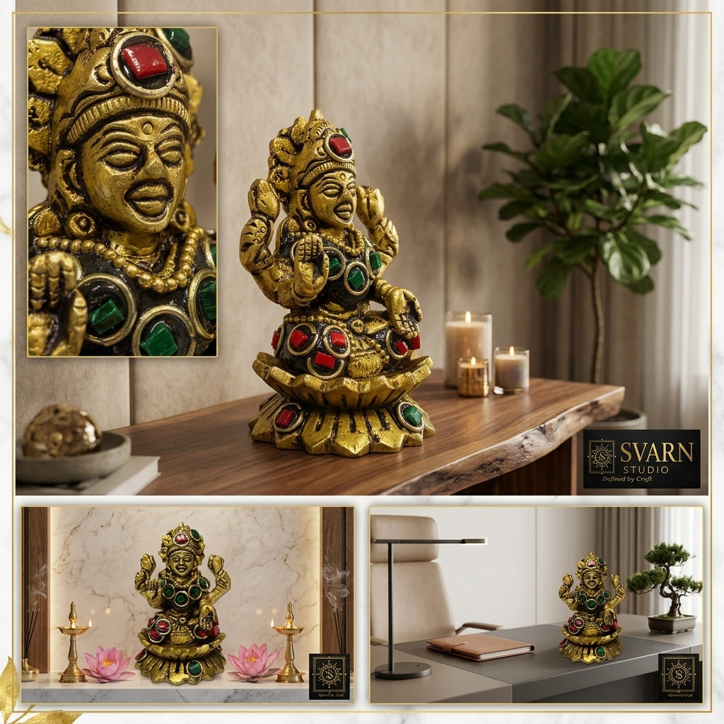 Svarn Studio Pure Brass Goddess Lakshmi Idol with Multicolor Stone Embellishments | Antique Gold Finish | Hindu Puja Mandir Décor | Diwali Gift | 4-Armed Laxmi Murti on Lotus Base
