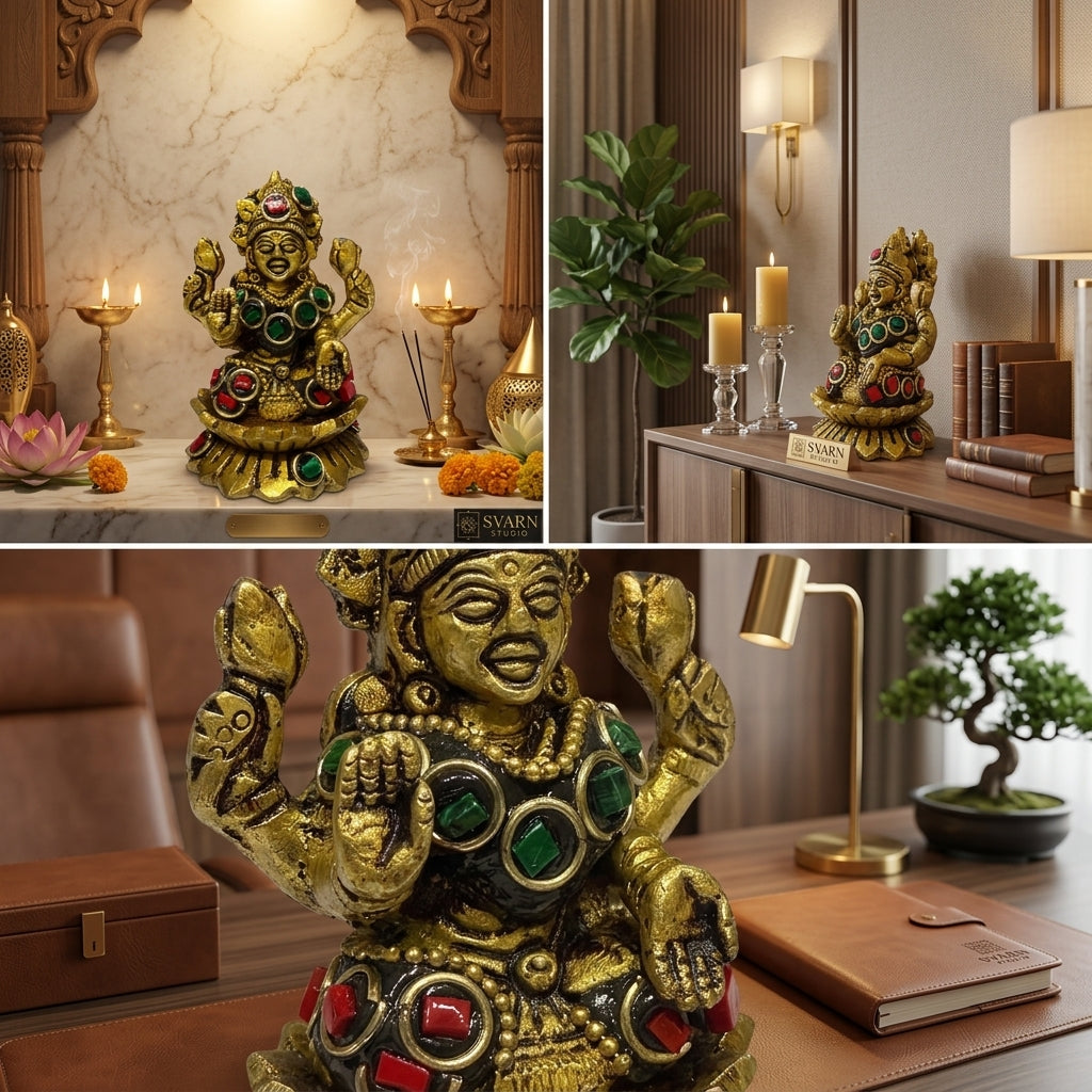 Svarn Studio Pure Brass Goddess Lakshmi Idol with Multicolor Stone Embellishments | Antique Gold Finish | Hindu Puja Mandir Décor | Diwali Gift | 4-Armed Laxmi Murti on Lotus Base