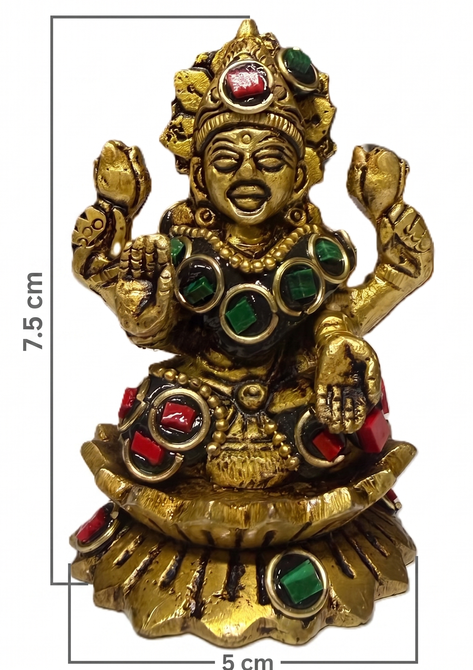 Svarn Studio Pure Brass Goddess Lakshmi Idol with Multicolor Stone Embellishments | Antique Gold Finish | Hindu Puja Mandir Décor | Diwali Gift | 4-Armed Laxmi Murti on Lotus Base