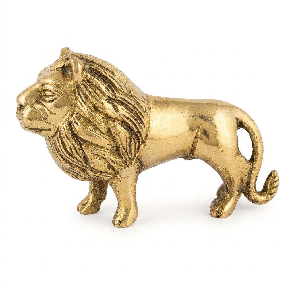 Svarn Studio Handcrafted Solid Brass Standing Lion Figurine — Polished Gold Finish | King of the Jungle Showpiece | 10 cm
