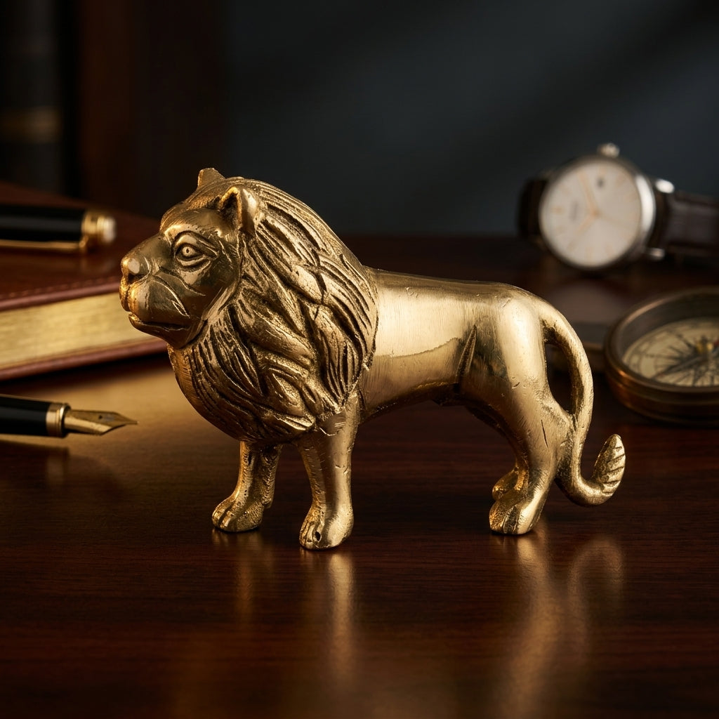 Svarn Studio Handcrafted Solid Brass Standing Lion Figurine — Polished Gold Finish | King of the Jungle Showpiece | 10 cm
