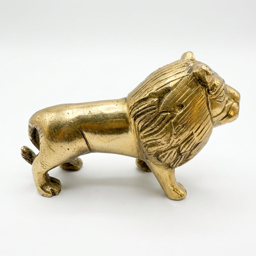 Svarn Studio Handcrafted Solid Brass Standing Lion Figurine — Polished Gold Finish | King of the Jungle Showpiece | 10 cm