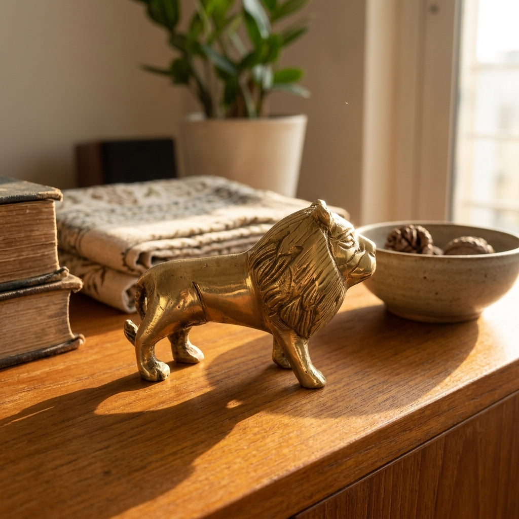 Svarn Studio Handcrafted Solid Brass Standing Lion Figurine — Polished Gold Finish | King of the Jungle Showpiece | 10 cm