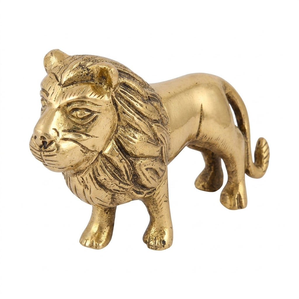 Svarn Studio Handcrafted Solid Brass Standing Lion Figurine — Polished Gold Finish | King of the Jungle Showpiece | 10 cm