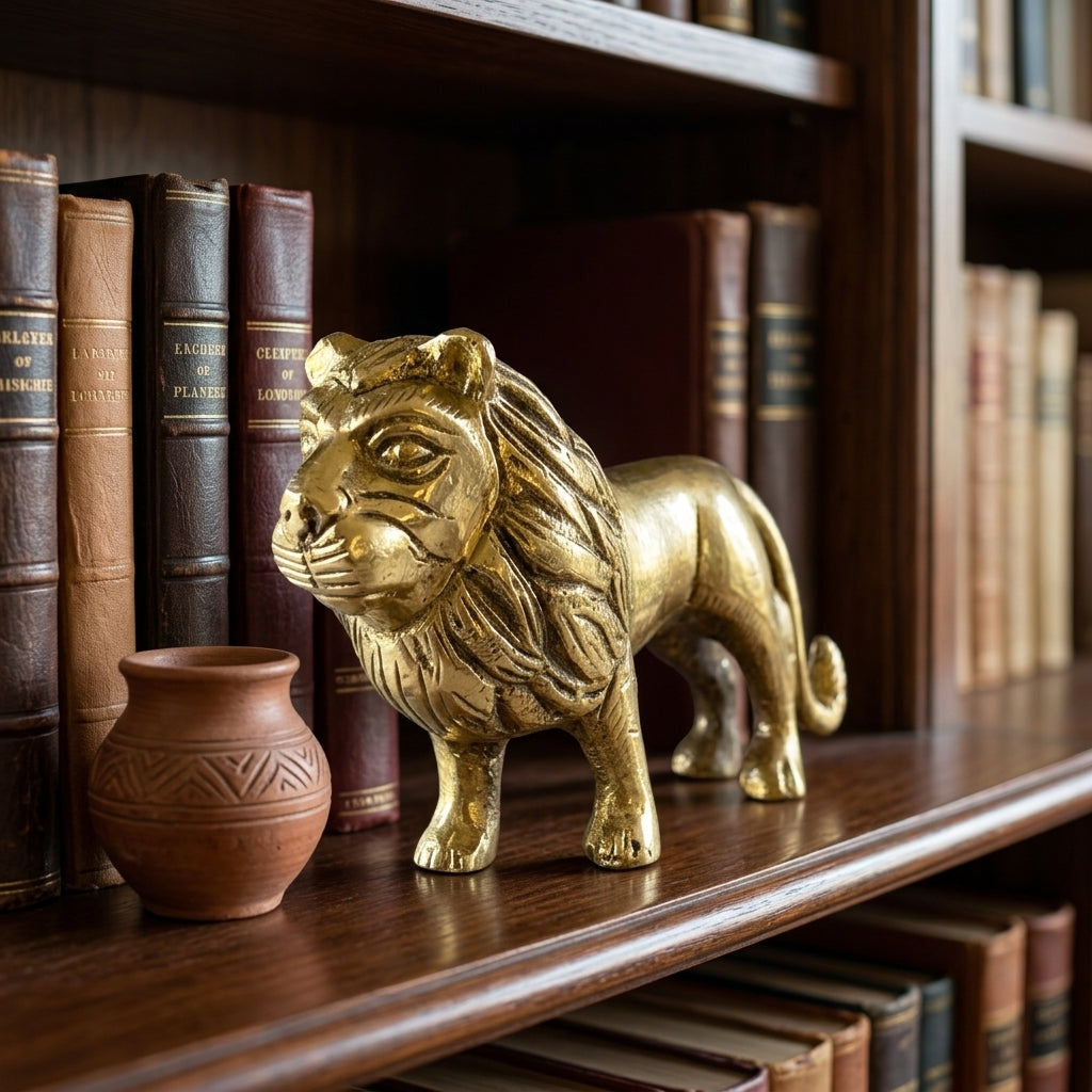 Svarn Studio Handcrafted Solid Brass Standing Lion Figurine — Polished Gold Finish | King of the Jungle Showpiece | 10 cm