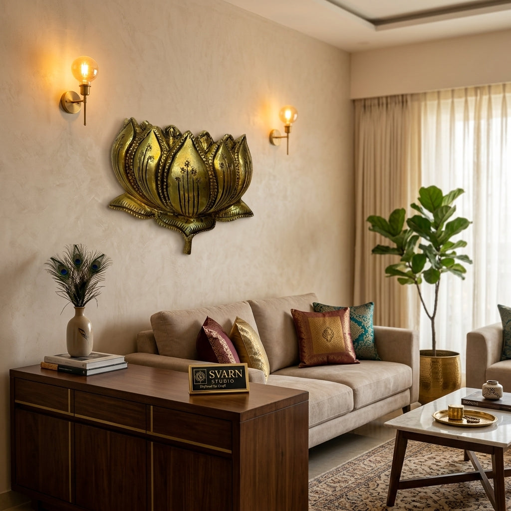 Svarn Studio Brass Lotus Wall Décor — Antique Gold Finish, Traditional Handcrafted Design