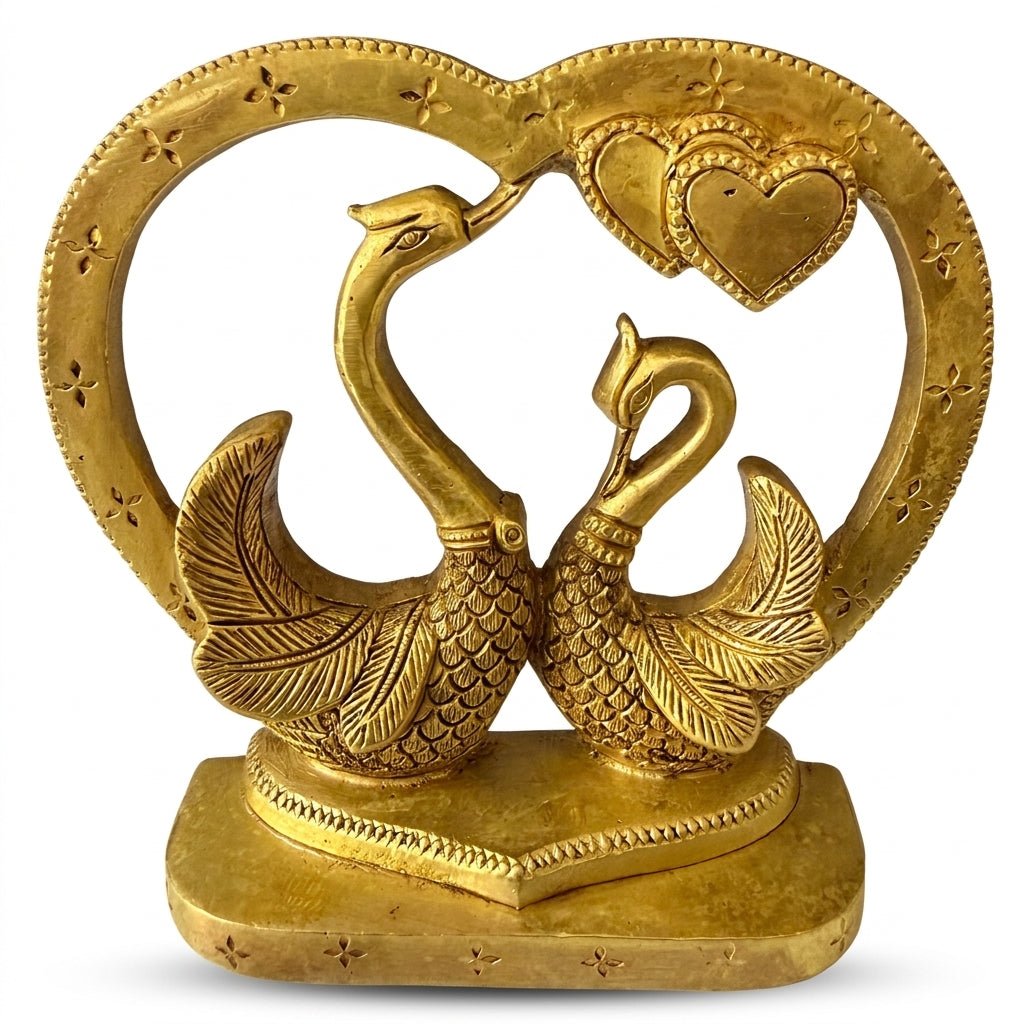 Svarn Studio Brass Kissing Swan Love Birds - Front view on white background showing full heart frame and both swans