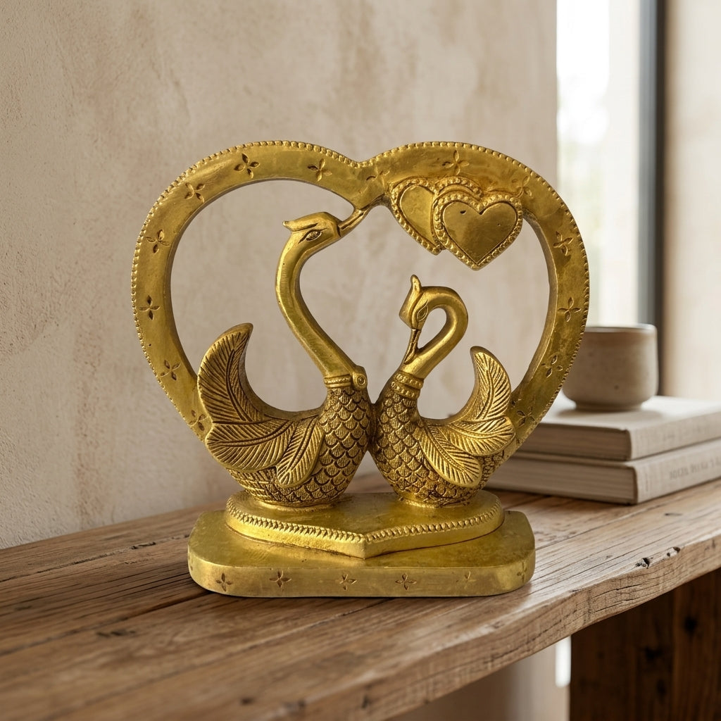 Svarn Studio Brass Kissing Swan Love Birds - White background product shot showing full sculpture from front