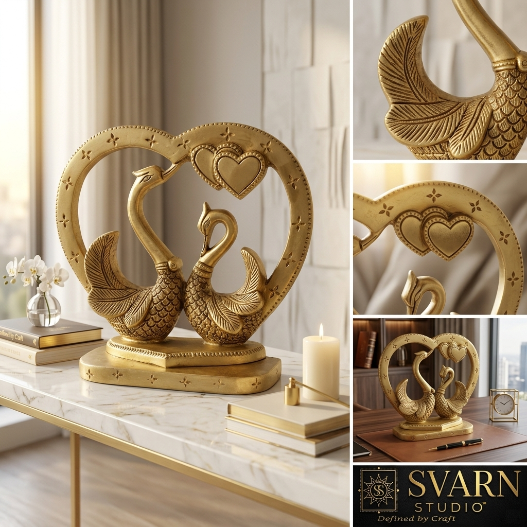 Svarn Studio Brass Kissing Swan Love Birds - Lifestyle on marble table with orchids, candle and Svarn Studio branding