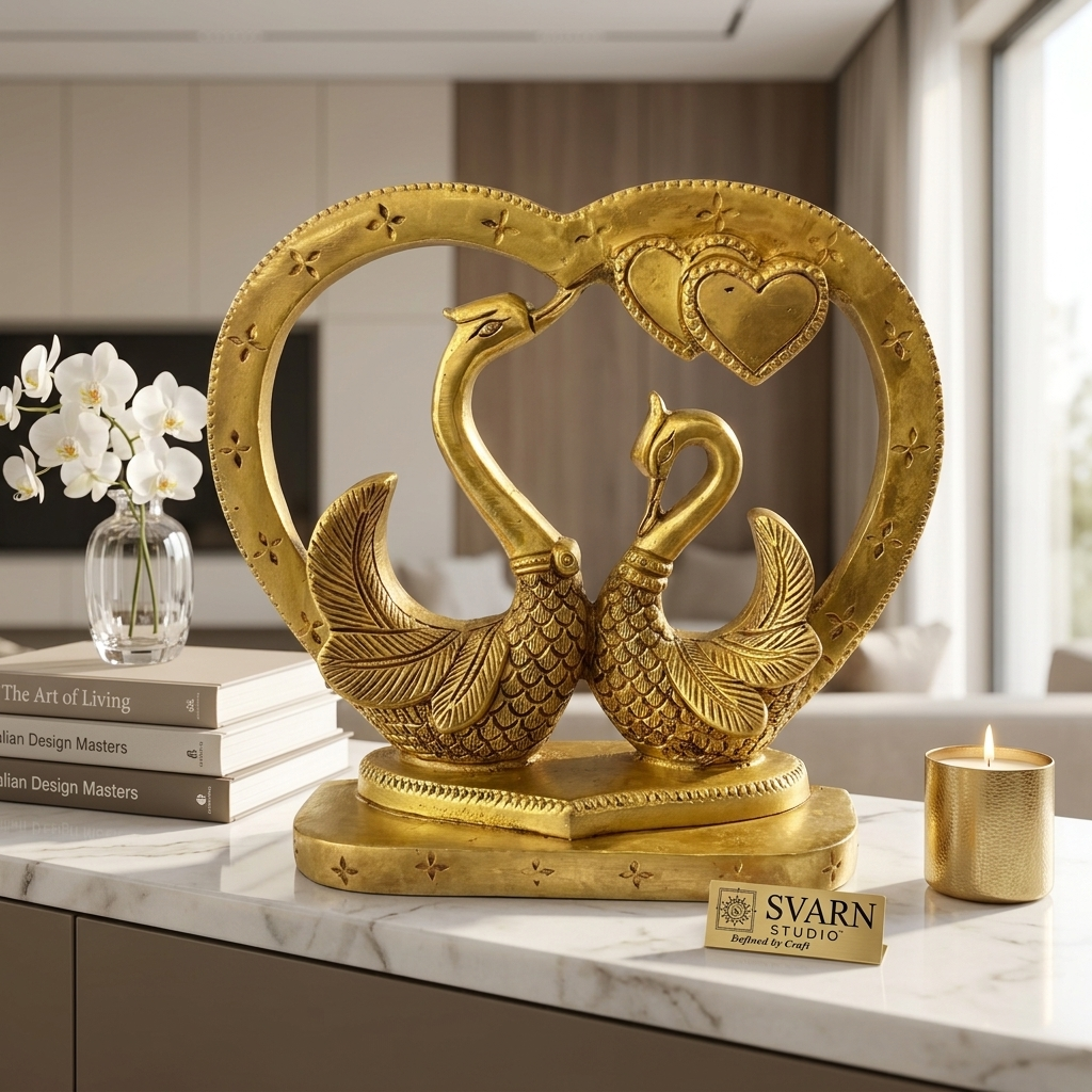 Svarn Studio Brass Kissing Swan Love Birds - Luxury kitchen island lifestyle with orchids, books and gold candle