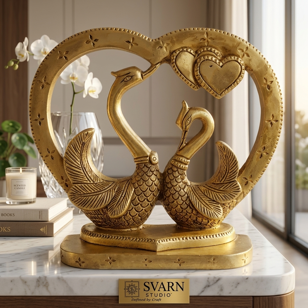 Svarn Studio Brass Kissing Swan Love Birds - Living room console lifestyle with orchids, scented candle and books