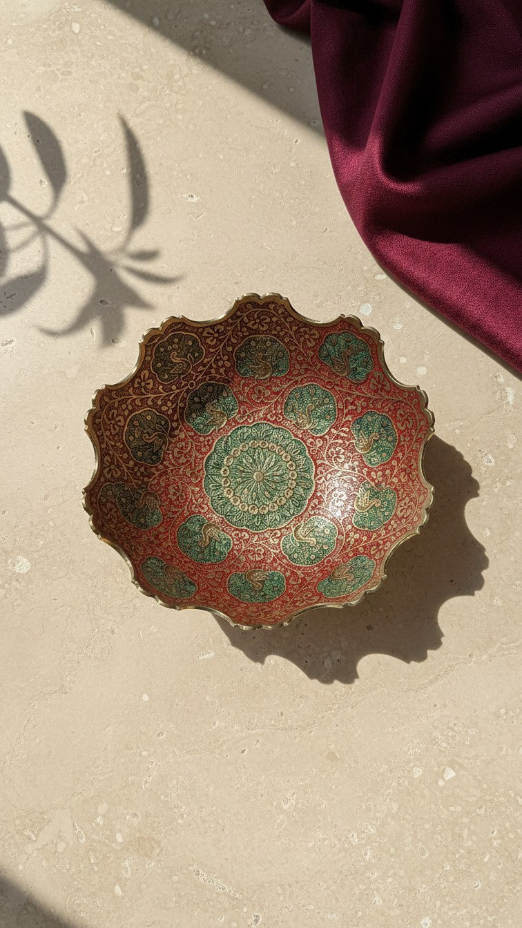 Pure Brass Meenakari Multi-Purpose Bowl – Handcrafted Peacock Enamel Footed Bowl