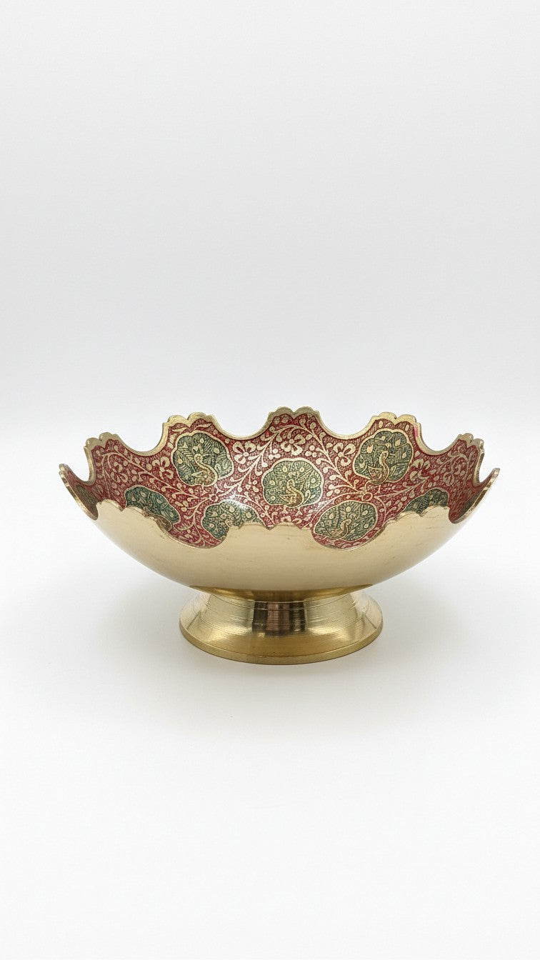 Pure Brass Meenakari Multi-Purpose Bowl – Handcrafted Peacock Enamel Footed Bowl