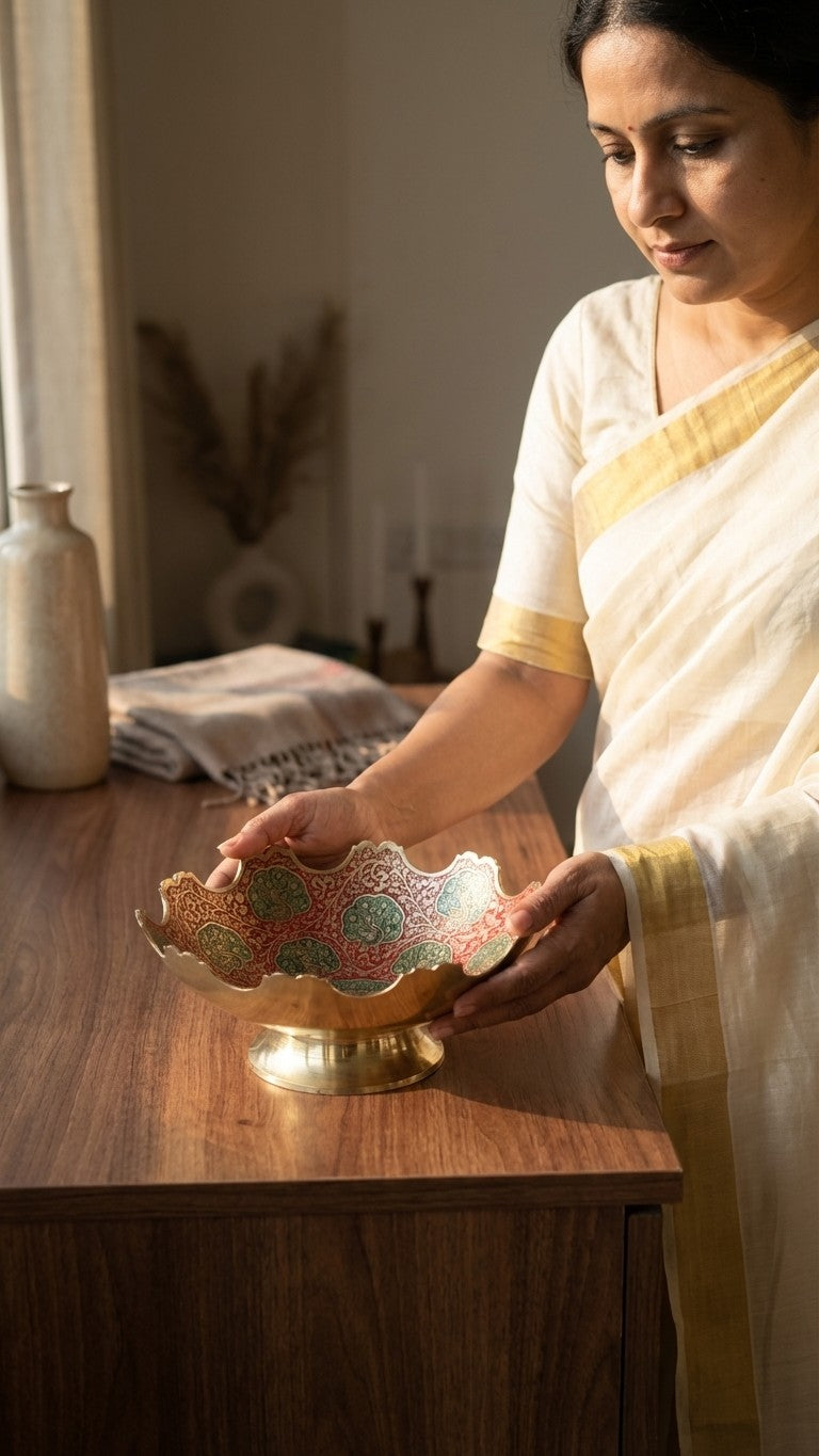Pure Brass Meenakari Multi-Purpose Bowl – Handcrafted Peacock Enamel Footed Bowl