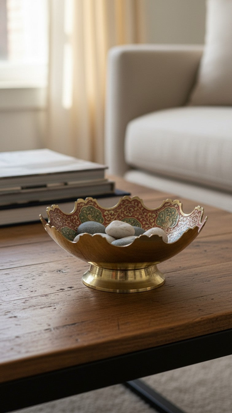 Pure Brass Meenakari Multi-Purpose Bowl – Handcrafted Peacock Enamel Footed Bowl