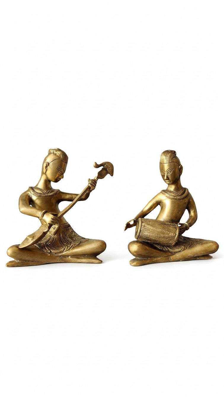Pure Brass Musician Pair Showpiece | Handcrafted Classical Indian Musician Set | Svarn Studio