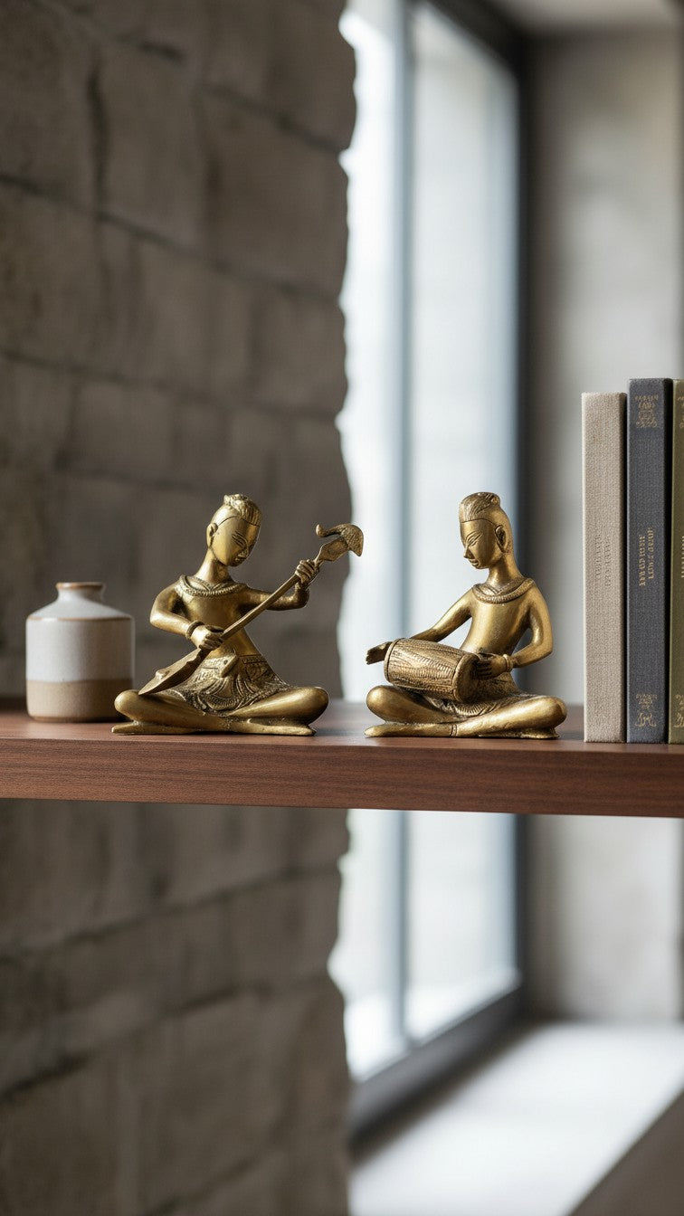 Pure Brass Musician Pair Showpiece | Handcrafted Classical Indian Musician Set | Svarn Studio