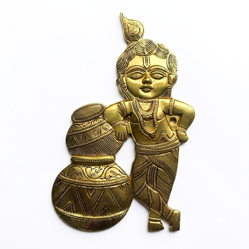 Svarn Studio Brass Matki Krishna Wall Decor Plate - Front view on white background showing full detail of Bal Krishna with Matki