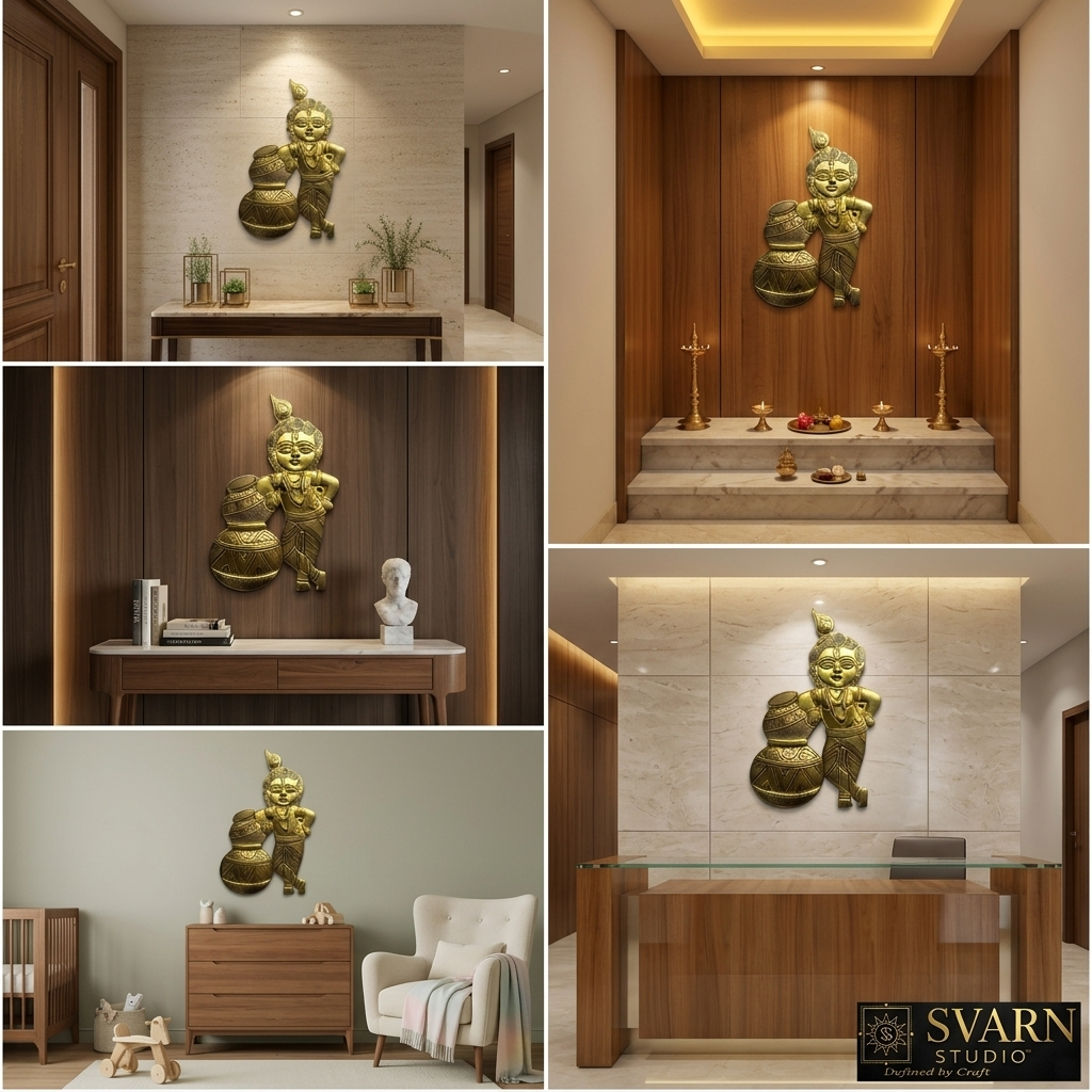 Svarn Studio Brass Matki Krishna Wall Decor Plate - Six lifestyle settings collage including entryway, pooja room, living room, and nursery