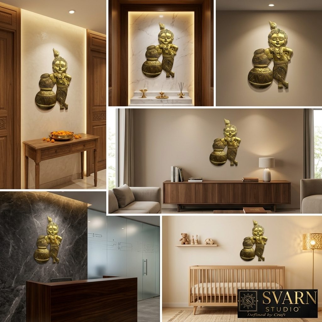 Svarn Studio Brass Matki Krishna Wall Decor Plate - Six lifestyle settings collage including luxury foyer, office desk, living room, and nursery