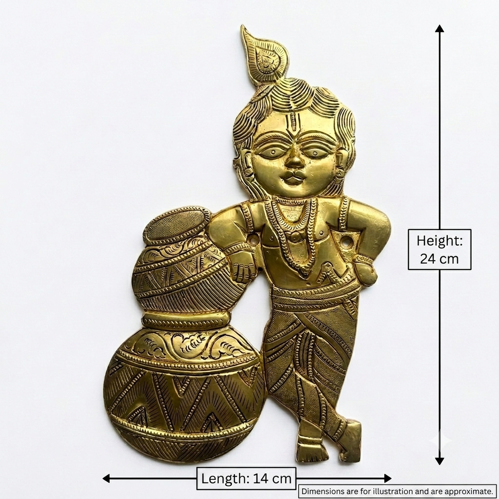 Svarn Studio Brass Matki Krishna Wall Decor Plate - Measurement diagram showing 14cm length and 24cm height