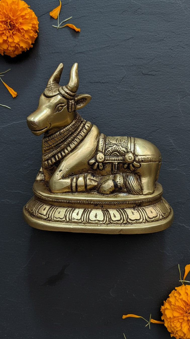 Svarn Studio Solid Brass Nandi Bail Statue | Sacred Bull Figurine for Pooja | Large | 4.5 x 4 Inch | 873g