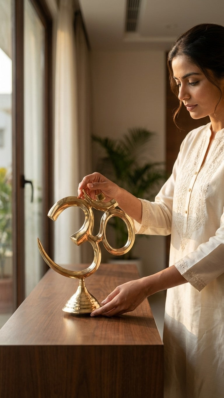 Pure Brass Om Symbol Showpiece | Handcrafted Polished Brass Om Statue | Svarn Studio