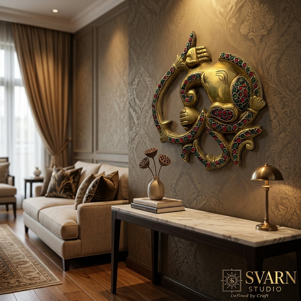Svarn Studio Brass Ganesha Om Wall Hanging with Stone Work - Living Room Lifestyle Terracotta Wall