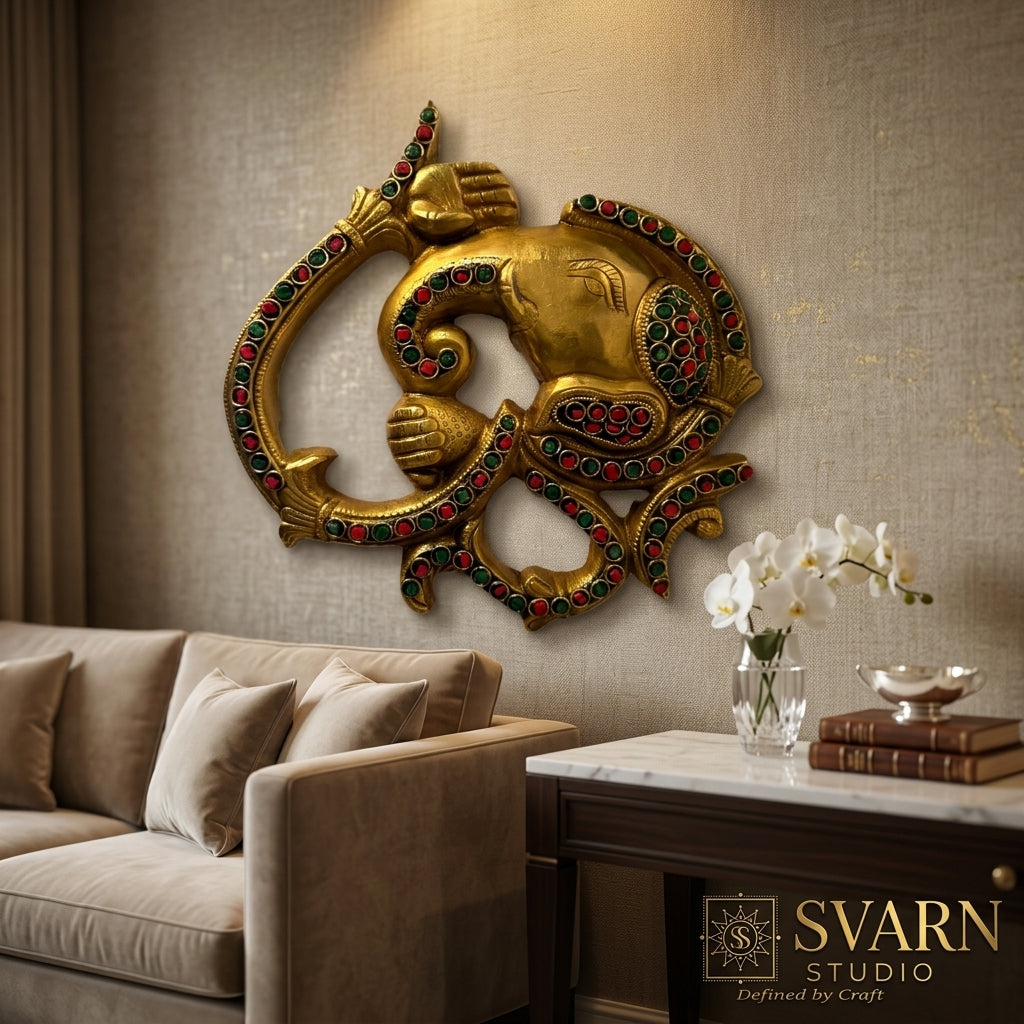 Svarn Studio Brass Ganesha Om Wall Hanging with Stone Work - Foyer Lifestyle Dark Marble Wall