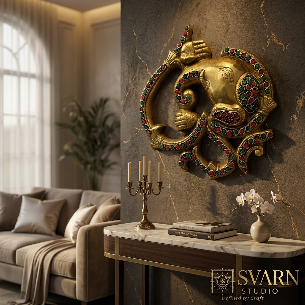 Svarn Studio Brass Ganesha Om Wall Hanging with Stone Work - Back View Showing Wall Mount Screw Slot