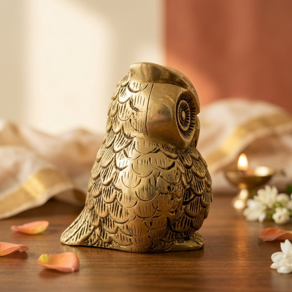 Svarn Studio Handcrafted Solid Brass Sitting Owl Figurine | Pital Ka Ullu | Life time Antique Gold Finish | Lakshmi Vahana | Vastu Feng Shui Showpiece | Home Office Décor | Diwali Gift | 5 Inch | Made in India