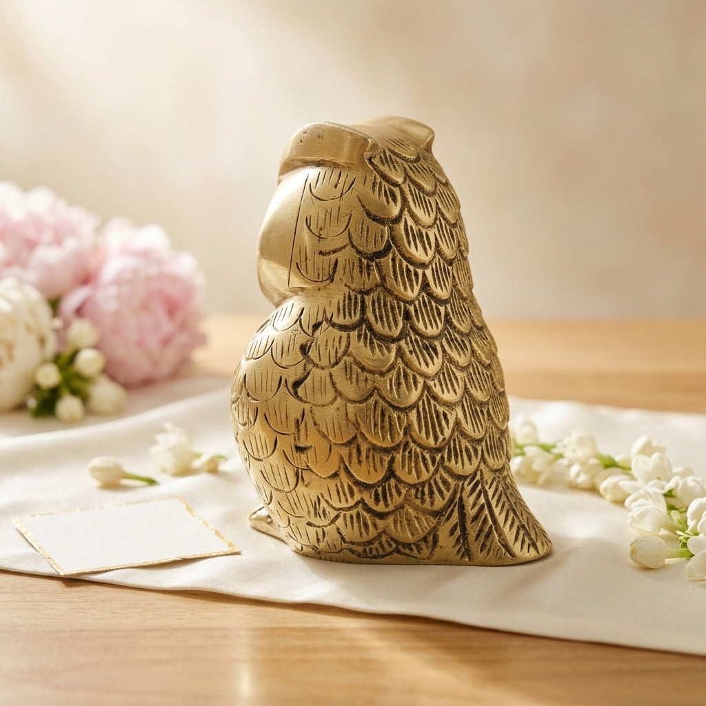 Svarn Studio Handcrafted Solid Brass Sitting Owl Figurine | Pital Ka Ullu | Life time Antique Gold Finish | Lakshmi Vahana | Vastu Feng Shui Showpiece | Home Office Décor | Diwali Gift | 5 Inch | Made in India