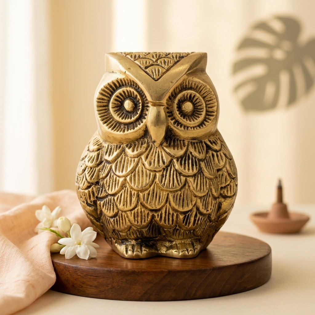 Svarn Studio Handcrafted Solid Brass Sitting Owl Figurine | Pital Ka Ullu | Life time Antique Gold Finish | Lakshmi Vahana | Vastu Feng Shui Showpiece | Home Office Décor | Diwali Gift | 5 Inch | Made in India