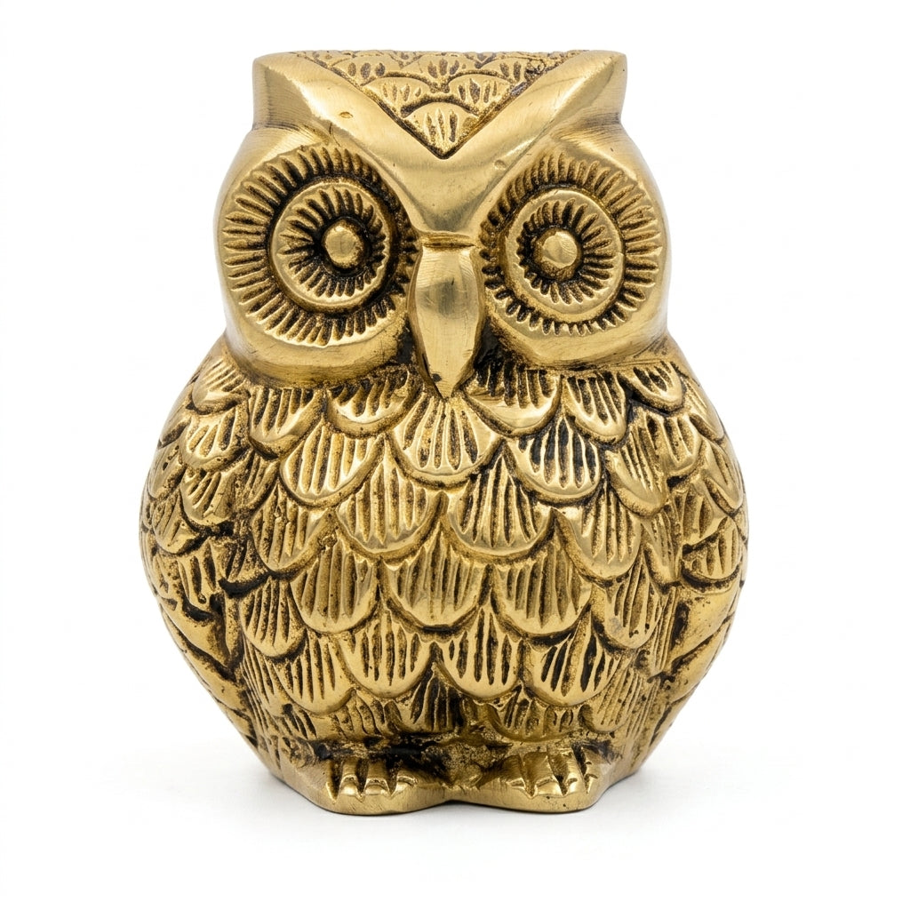 Svarn Studio Handcrafted Solid Brass Sitting Owl Figurine | Pital Ka Ullu | Life time Antique Gold Finish | Lakshmi Vahana | Vastu Feng Shui Showpiece | Home Office Décor | Diwali Gift | 5 Inch | Made in India