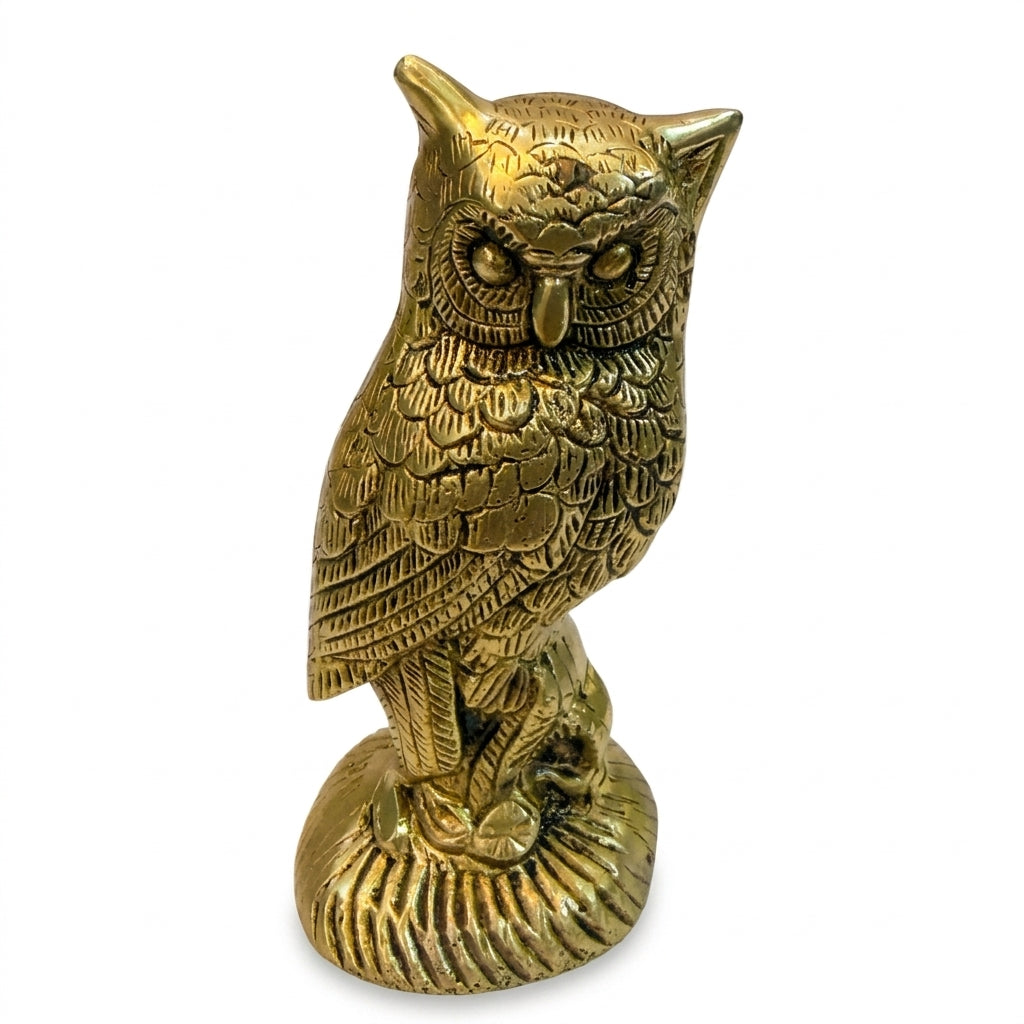 Svarn Studio Brass Standing Owl Figurine | Perched on Rock Base | Gold | 13 cm | Lakshmi Vahana