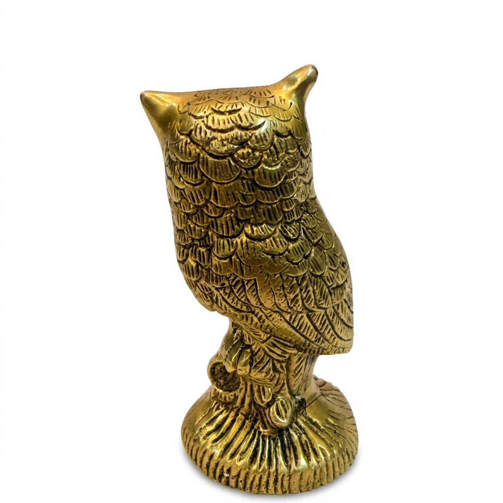 Svarn Studio Brass Standing Owl Figurine | Perched on Rock Base | Gold | 13 cm | Lakshmi Vahana