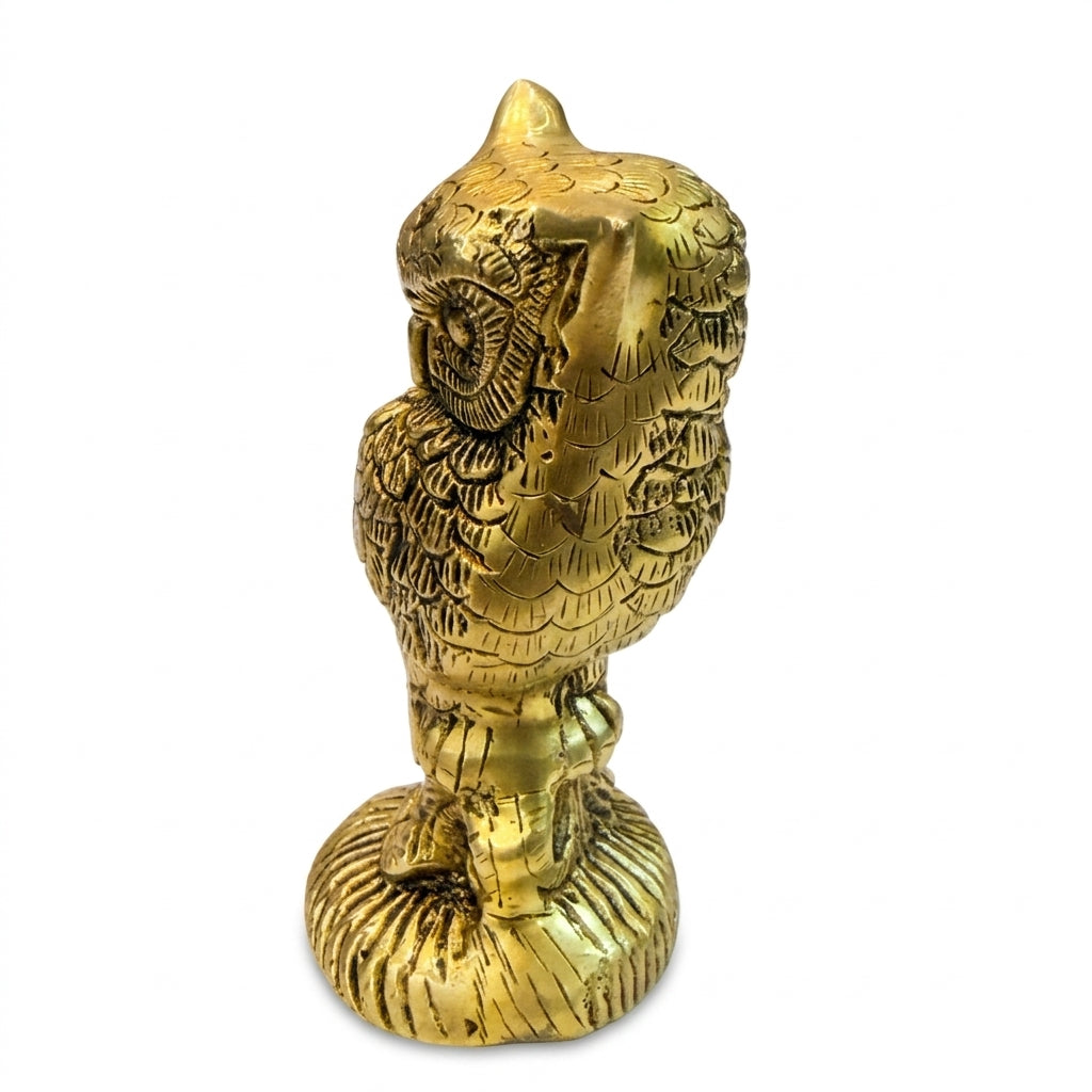 Svarn Studio Brass Standing Owl Figurine | Perched on Rock Base | Gold | 13 cm | Lakshmi Vahana