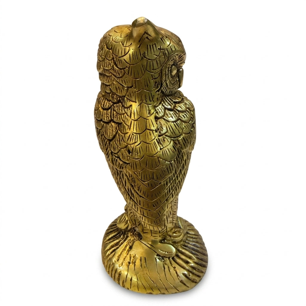Svarn Studio Brass Standing Owl Figurine | Perched on Rock Base | Gold | 13 cm | Lakshmi Vahana