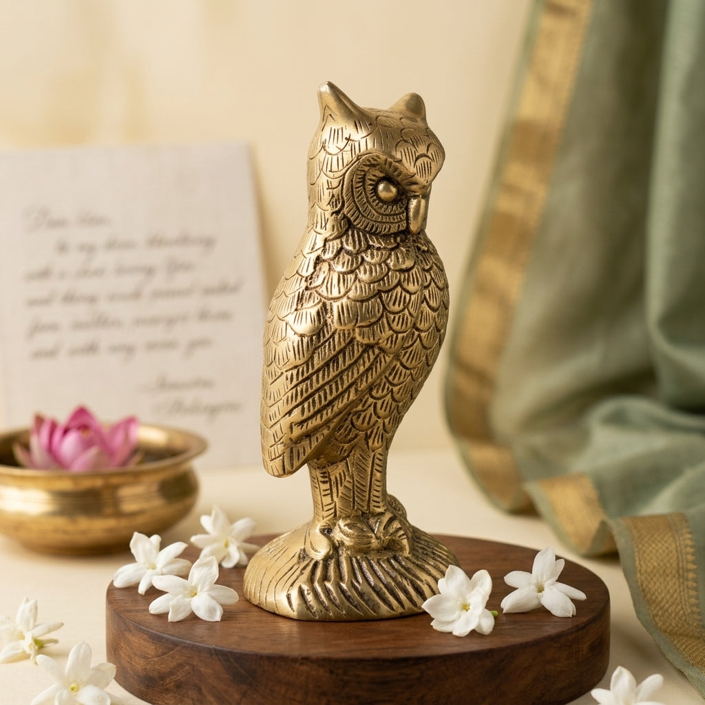 Svarn Studio Brass Standing Owl Figurine | Perched on Rock Base | Gold | 13 cm | Lakshmi Vahana