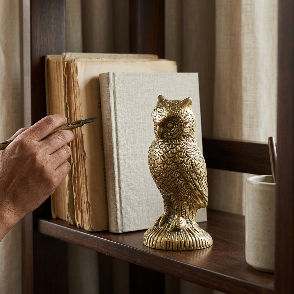 Svarn Studio Brass Standing Owl Figurine | Perched on Rock Base | Gold | 13 cm | Lakshmi Vahana