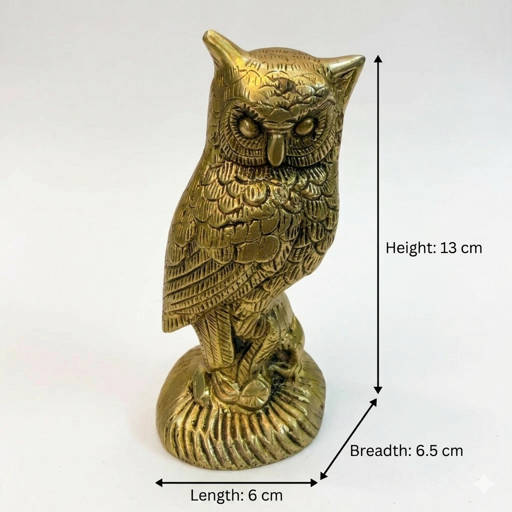 Svarn Studio Brass Standing Owl Figurine | Perched on Rock Base | Gold | 13 cm | Lakshmi Vahana