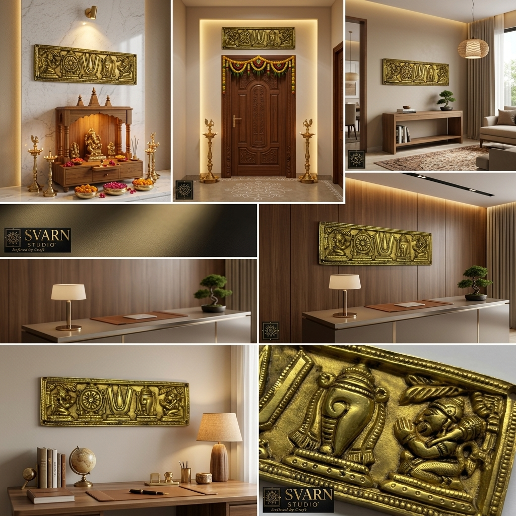 Svarn Studio Brass Padam Shankh Chakra Plate - Eight-panel lifestyle: Puja Room, Main Door topper, Living Room console, Home Office, Executive Office, Macro detail, Hotel Reception
